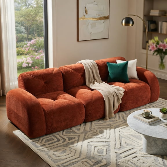 Demi Bonn 110" Tufted Boneless Modular Sectional Sofa, Soft Velvet Fabric, 32D High Density Sponge, Anti-Slip & Ergonomic Base, No Assembly Required, for Study & Home Theater, Red