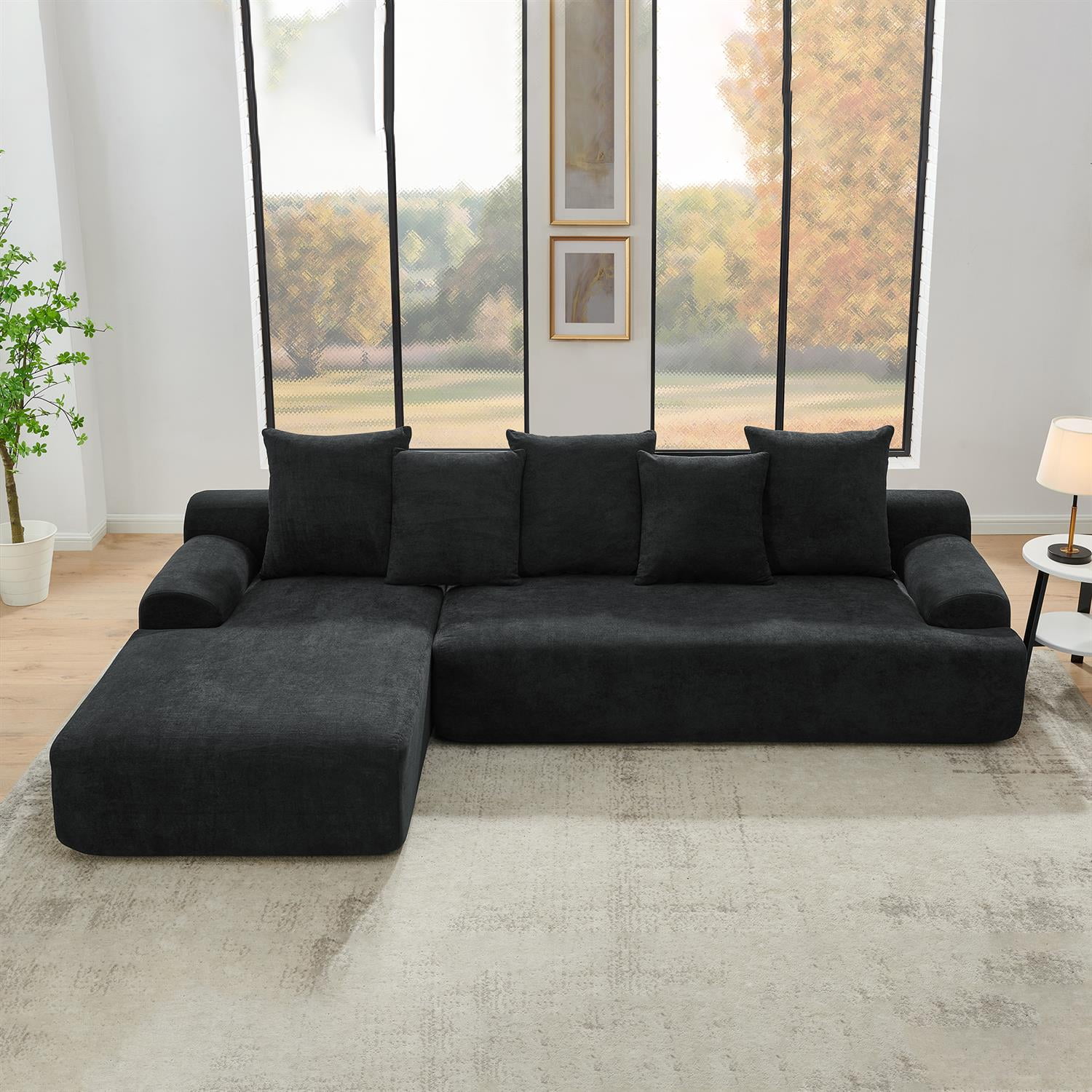 Demi Bonn 110"x67" Velvet L-Shape Sectional Sofa, Modern Upholstered Modular Couch for Living Room/Bedroom Furniture, Black