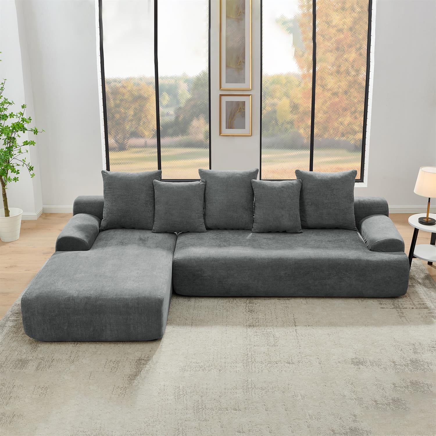 Demi Bonn 110"x67" Velvet L-Shape Sectional Sofa, Modern Upholstered Modular Couch for Living Room/Bedroom Furniture, Gray