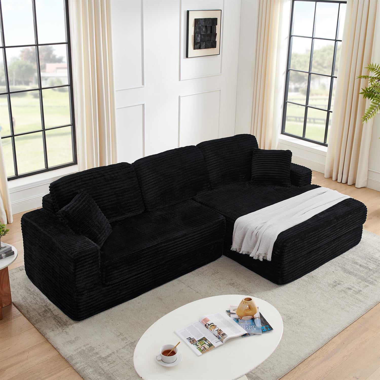Demi Bonn 111" L Shaped Modular Sectional Sofa, Modern Corduroy Couch with Comfy Right Seat, Unfolds into Bed for Living Room, Black
