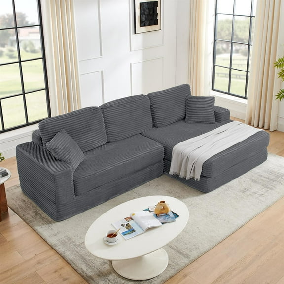 Demi Bonn 111" L Shaped Modular Sectional Sofa, Modern Corduroy Couch with Comfy Right Seat, Unfolds into Bed for Living Room, Gray