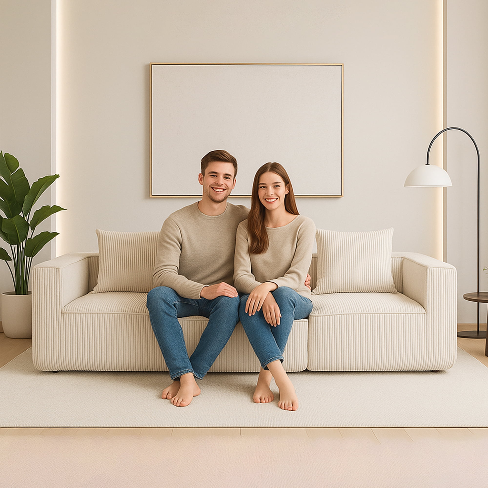 Demi Bonn 111" Modular Sectional Sofa Couchesk, Corduroy 3 Seat Couch Memory Foam Couches for Living Room, Cloud Couch, Beige