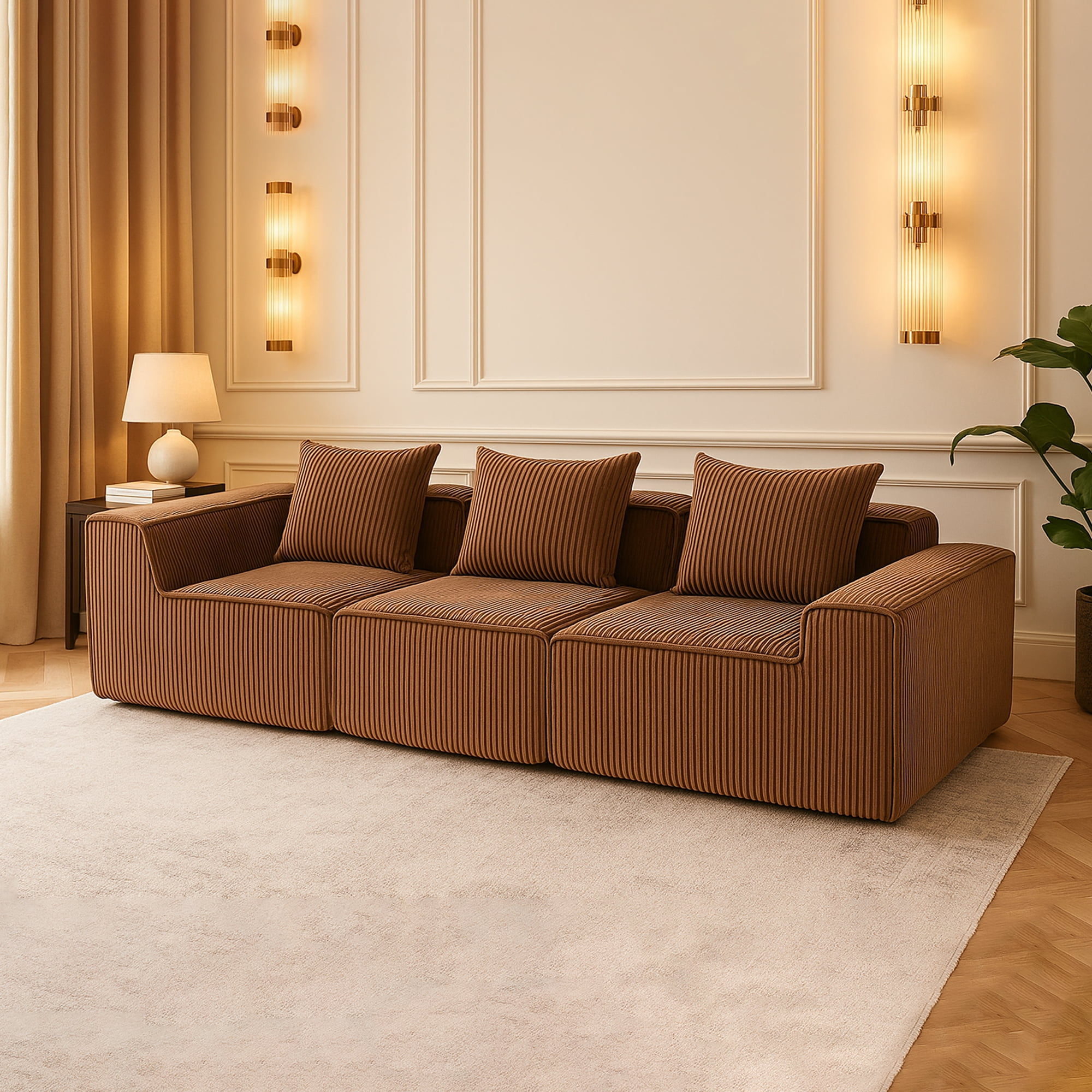 Demi Bonn 111" Modular Sectional Sofa Couchesk, Corduroy 3 Seat Couch Memory Foam Couches for Living Room, Cloud Couch, Brown