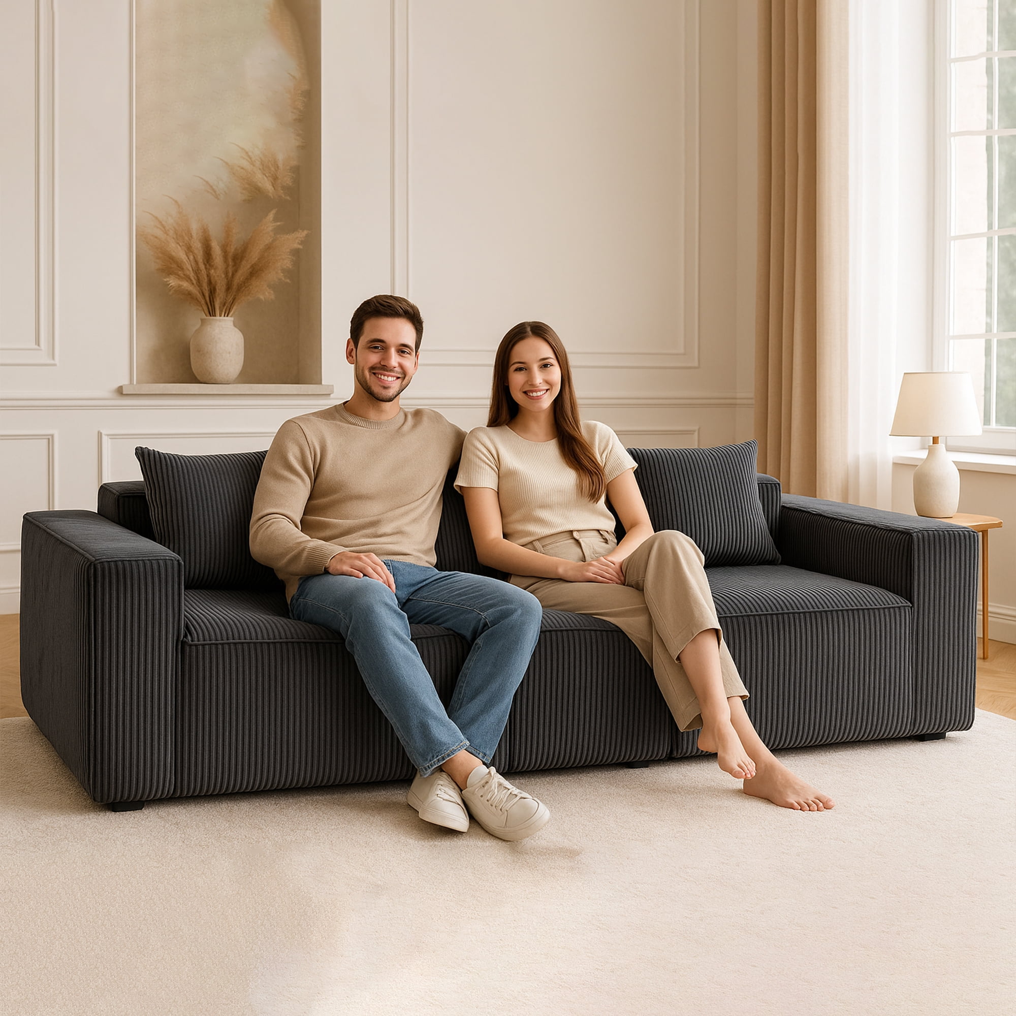 Demi Bonn 111" Modular Sectional Sofa Couchesk, Corduroy 3 Seat Couch Memory Foam Couches for Living Room, Cloud Couch, Gray