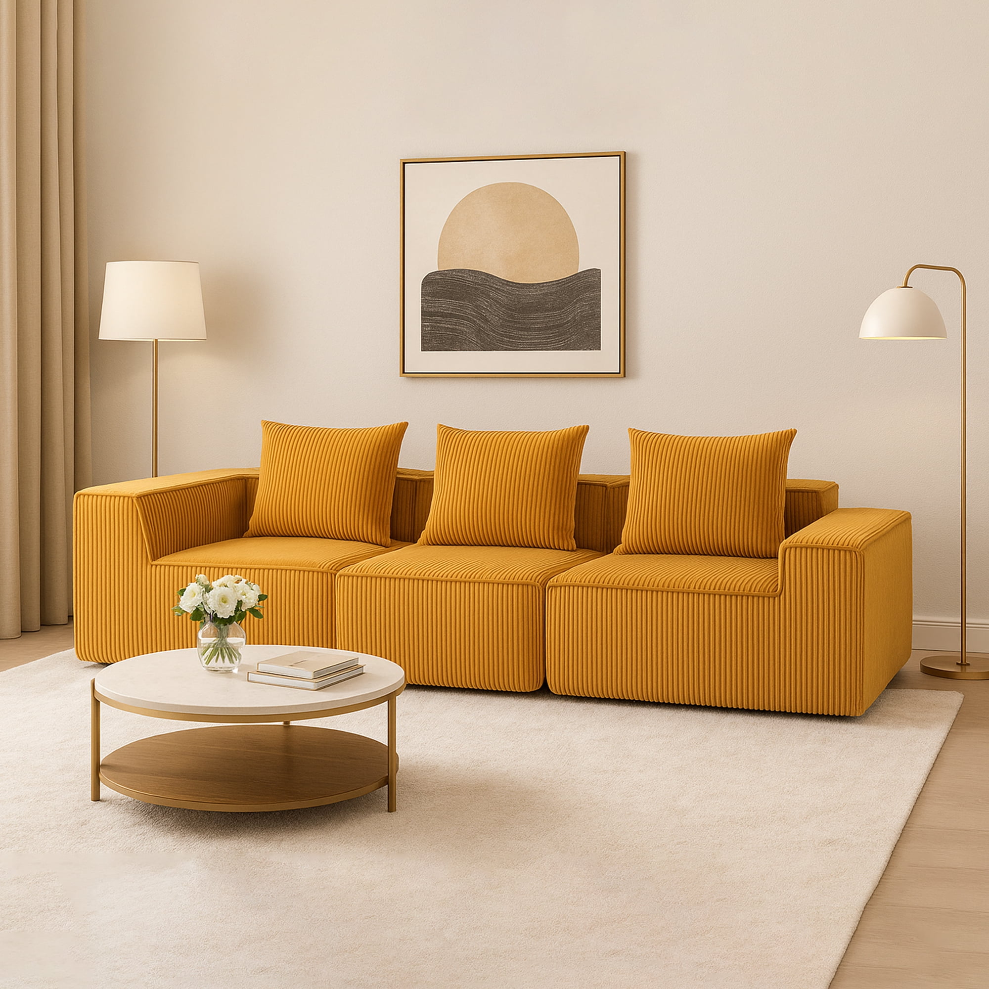 Demi Bonn 111" Modular Sectional Sofa Couchesk, Corduroy 3 Seat Couch Memory Foam Couches for Living Room, Cloud Couch, Orange