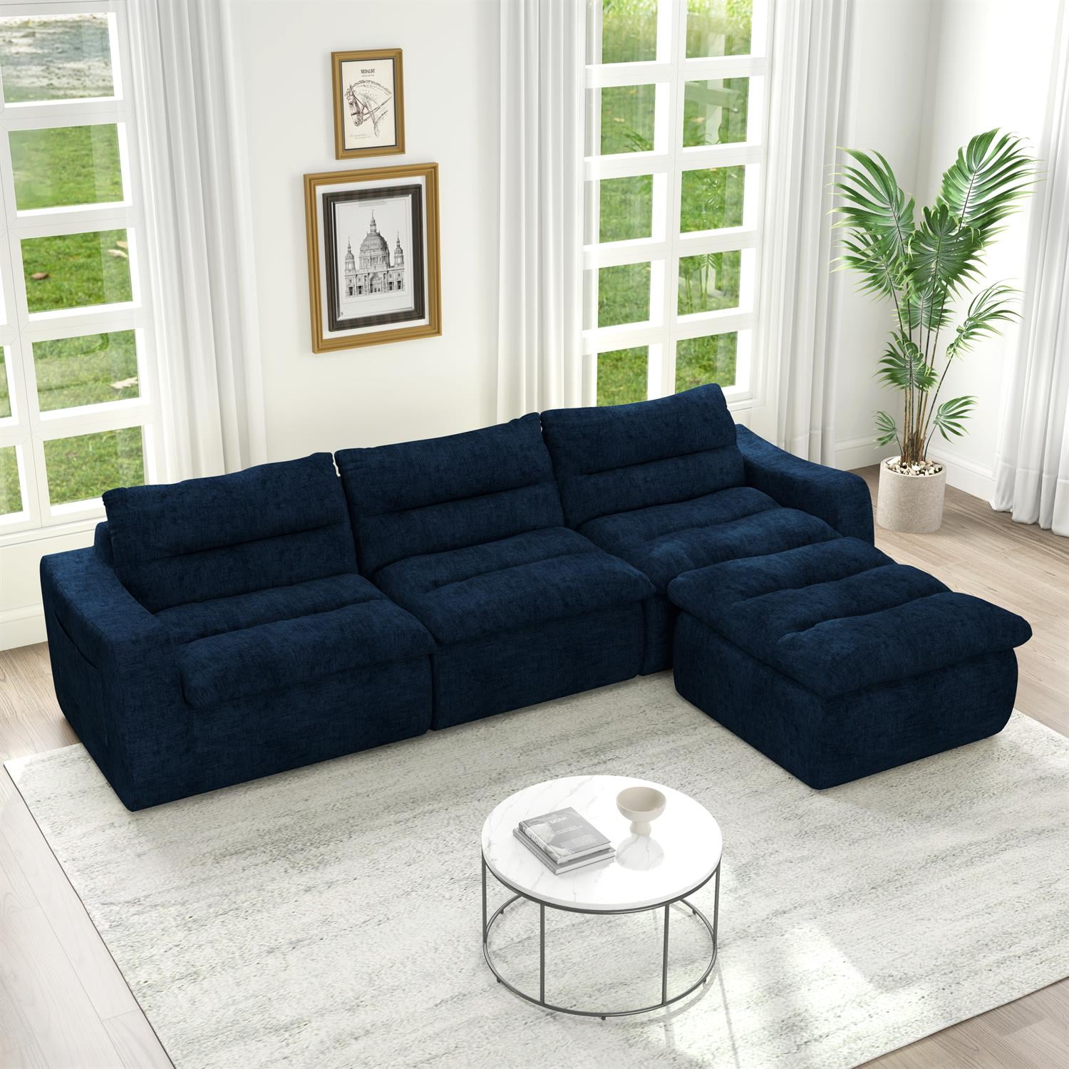 Demi Bonn 116" Modern L-Shaped Modular Sofa, Comfortable Beanbag Style, Stylish Lazy Couch for Living Rooms and Relaxation, Blue