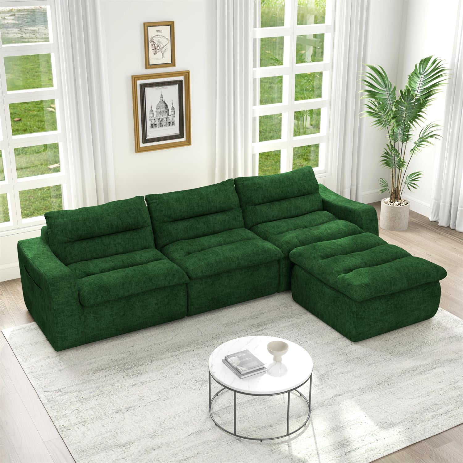 Demi Bonn 116" Modern L-Shaped Modular Sofa, Comfortable Beanbag Style, Stylish Lazy Couch for Living Rooms and Relaxation, Green