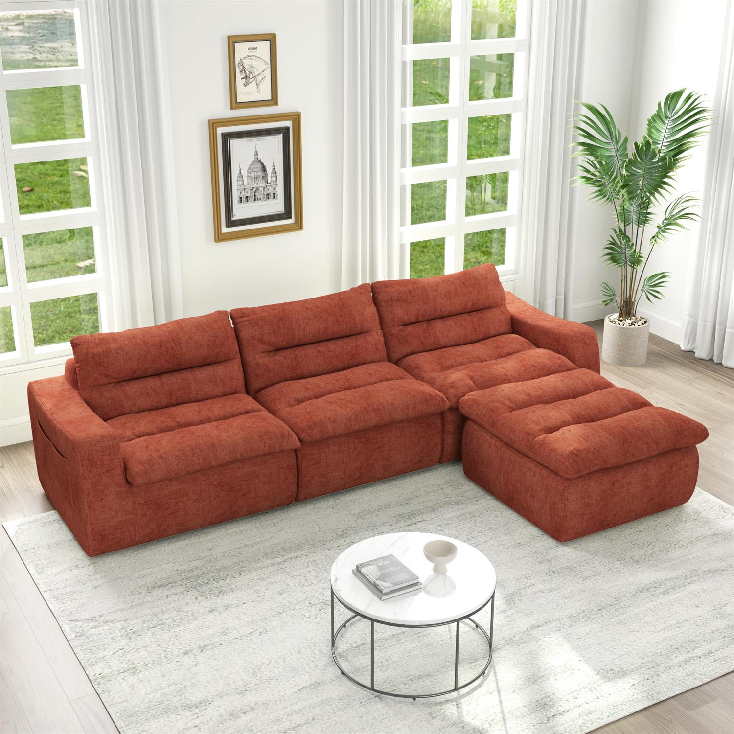 Demi Bonn 116" Modern L-Shaped Modular Sofa, Comfortable Beanbag Style, Stylish Lazy Couch for Living Rooms and Relaxation, Orange