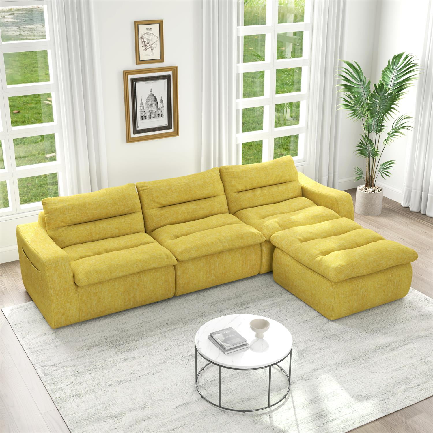 Demi Bonn 116" Modern L-Shaped Modular Sofa, Comfortable Beanbag Style, Stylish Lazy Couch for Living Rooms and Relaxation, Yellow