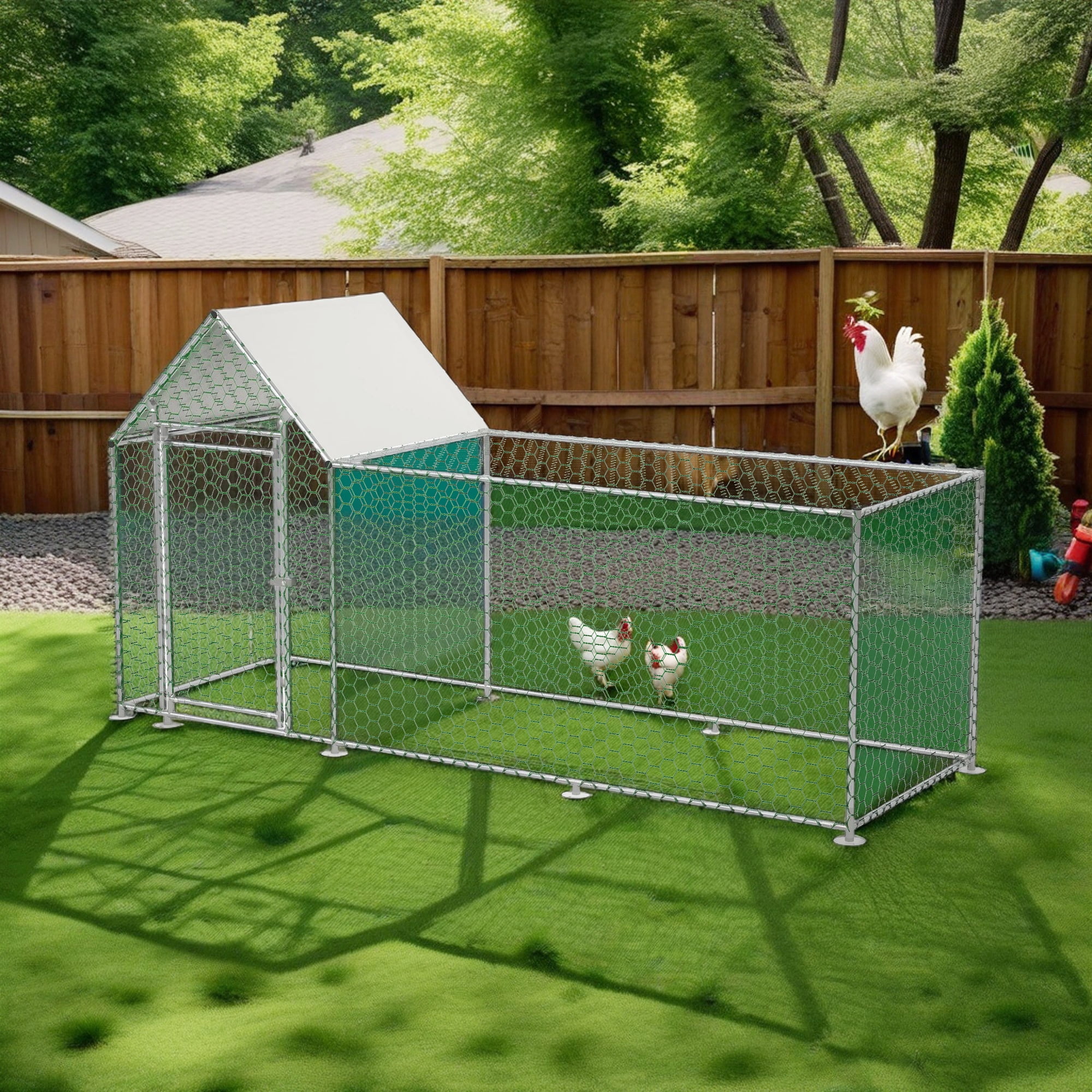 Demi Bonn 119" Large Metal Outdoor Rabbit Hutch Run, Weatherproof Roof Chicken Coop, UV Resistant, Backyard Hen House Poultry Habitat Cage, Silver