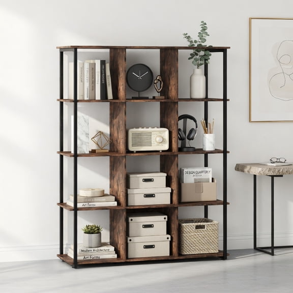 Demi Bonn 12-Cube Bookcase, 2 Anti-Tipping Kits, Metal Frame, Adjustable Feet, Living Room Storage, Rustic Brown