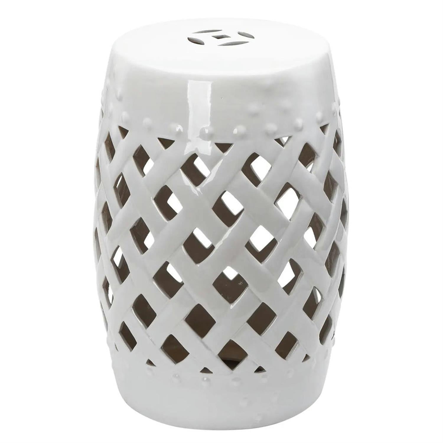 Demi Bonn 12" Large Outdoor Ceramic Stool with Intricate Lattice Design, Decorative Stool for Garden or Patio, White