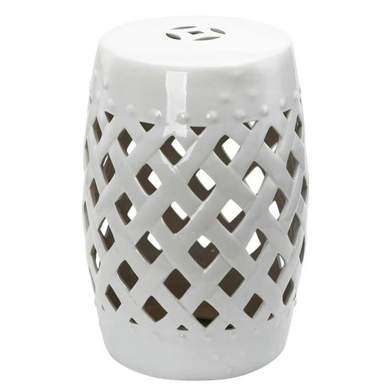 Demi Bonn 12" Large Outdoor Ceramic Stool with Intricate Lattice Design, Decorative Stool for Garden or Patio, White