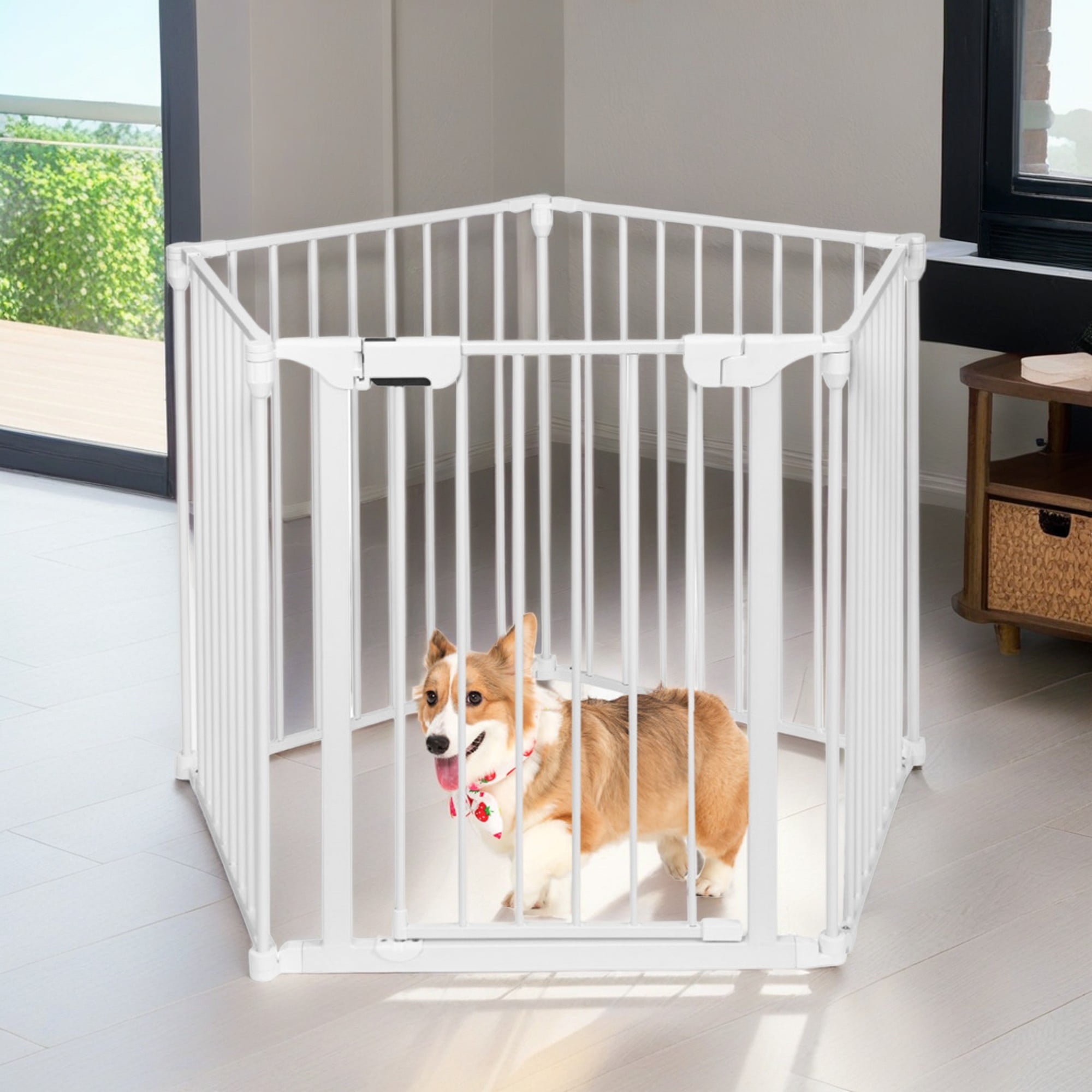 Demi Bonn 121" Wide Configurable Dog Fence, Fireplace Safety Fence, Adjustable 5-Panel Metal Play Yard for Toddler/Pet/Dog, Black