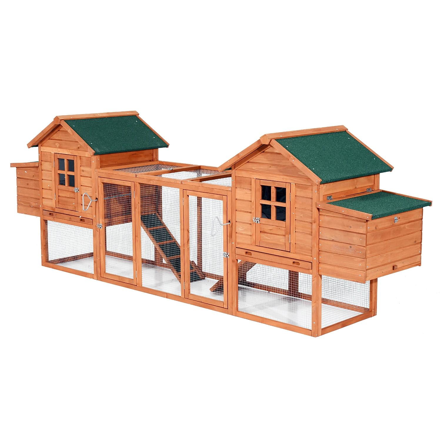 Pefilos 124" Outdoor Wooden Dual Chicken Coop with Nesting Box, Runs, Farm Hen House 3-6 Hens, Weatherproof Pet House for Rabbits, Poultry, Orange