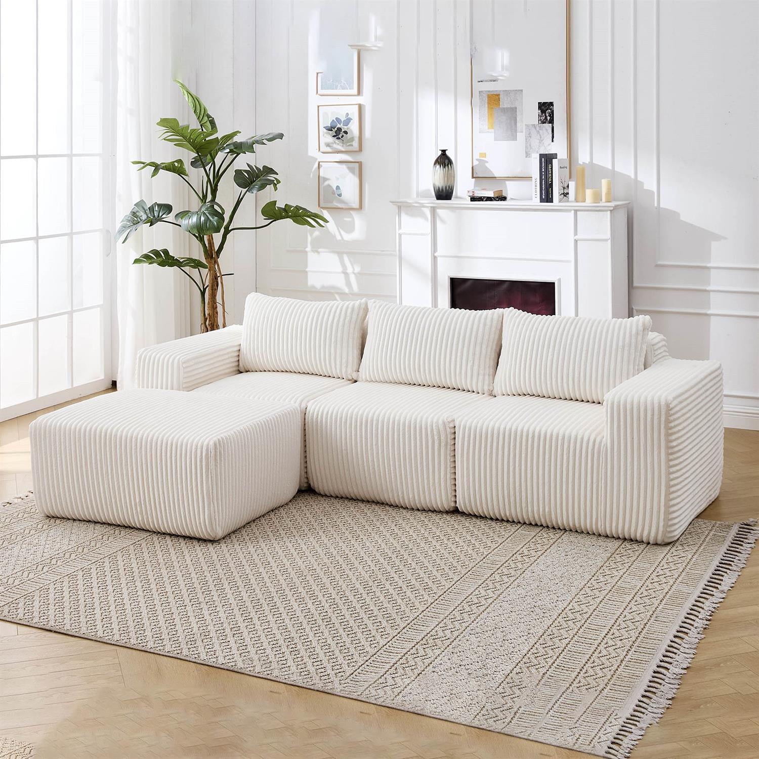 Demi Bonn 125" Modern Modular Sectional Sofa, L-Shaped Upholstered Cloud Couch with Deep Seats & Right Facing Chaise for Living Room, White