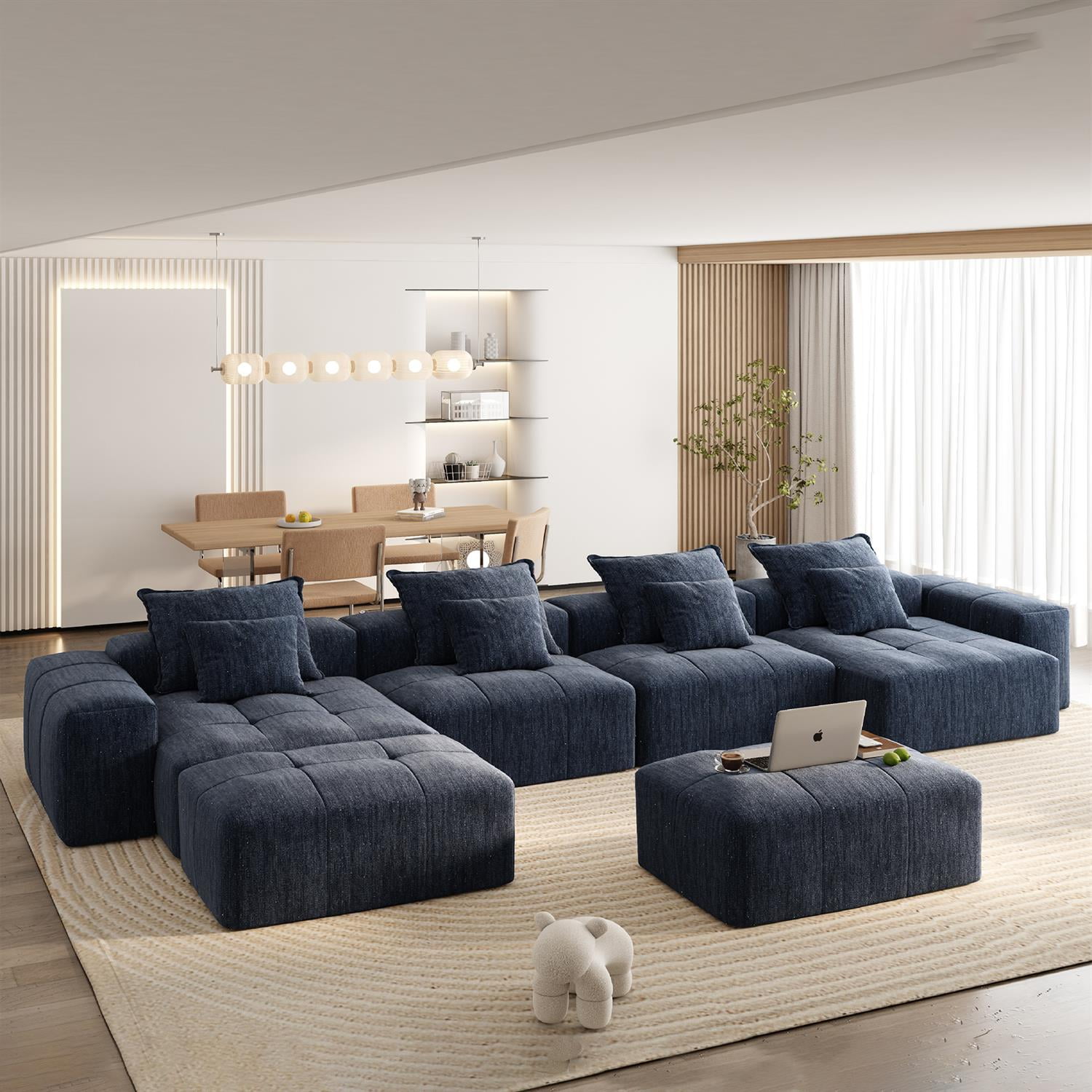 Demi Bonn 127" Modular Sectional Sofa with 8 Throw Pillows, Plush Chenille Upholstery DIY Tufted Couch for Living Room, No Assembly Needed, Blue