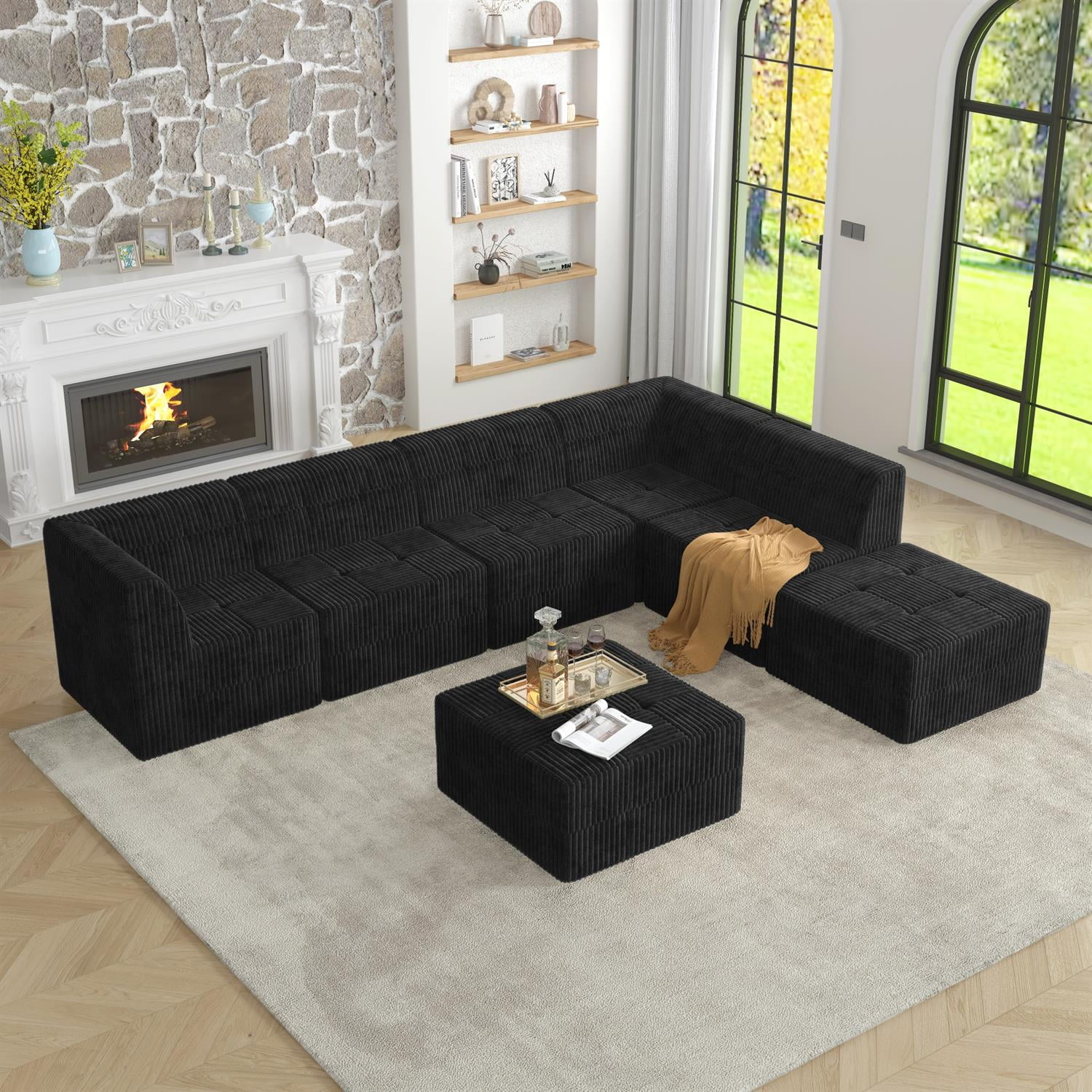 Demi Bonn 130" L-Shaped Modular Sectional Sofa, Modern Minimalist Style DIY Compressed Corduroy Couch for Living Room & Bedroom, Black