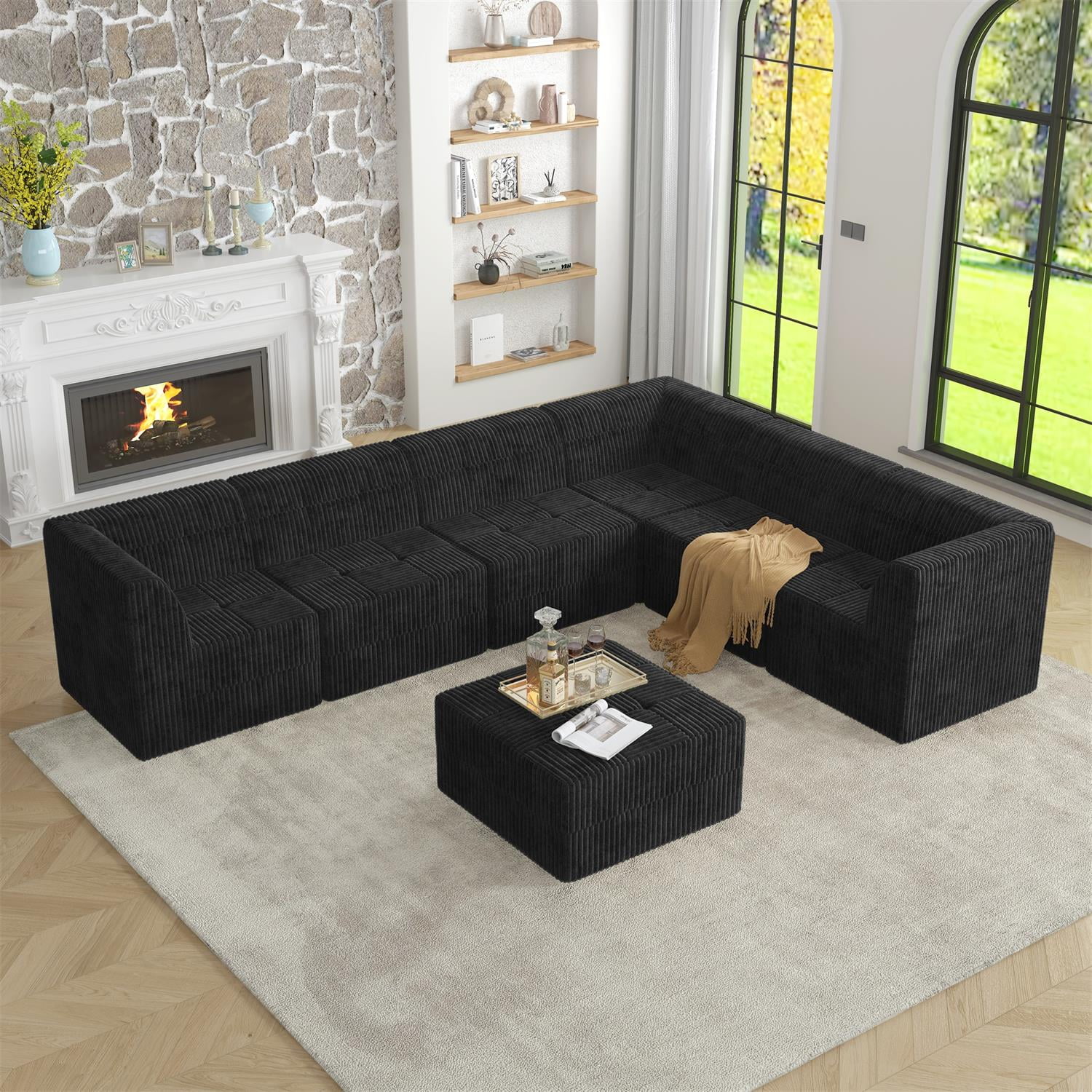 Demi Bonn 130" L-Shaped Modular Sectional Sofa, Modern Minimalist Style DIY Compressed Corduroy Couch for Living Room & Bedroom, Black