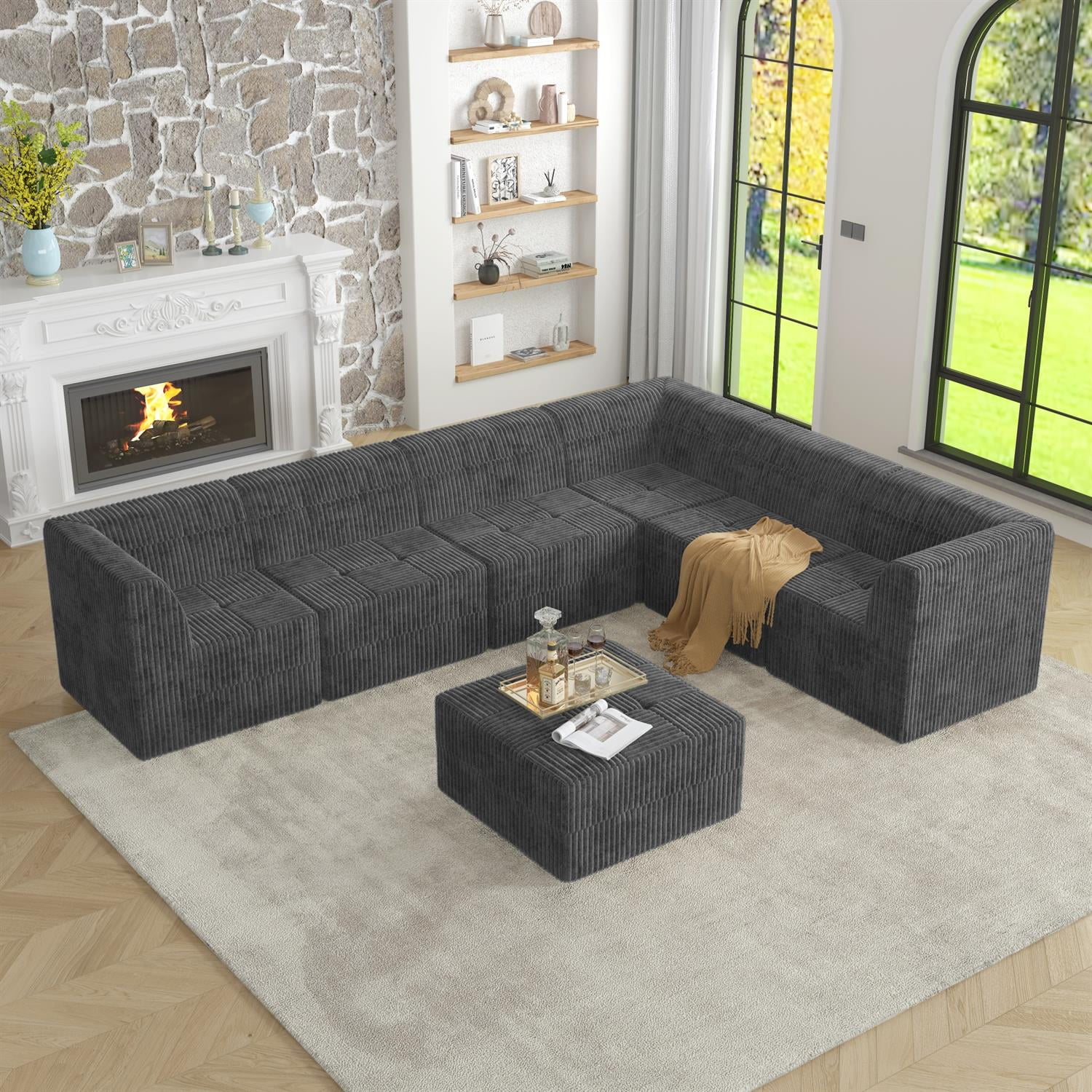 Demi Bonn 130" L-Shaped Modular Sectional Sofa, Modern Minimalist Style DIY Compressed Corduroy Couch for Living Room & Bedroom, Gray