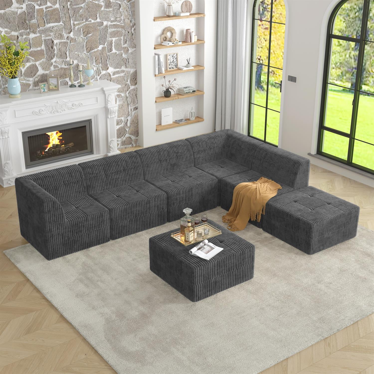 Demi Bonn 130" L-Shaped Modular Sectional Sofa, Modern Minimalist Style DIY Compressed Corduroy Couch for Living Room & Bedroom, Gray