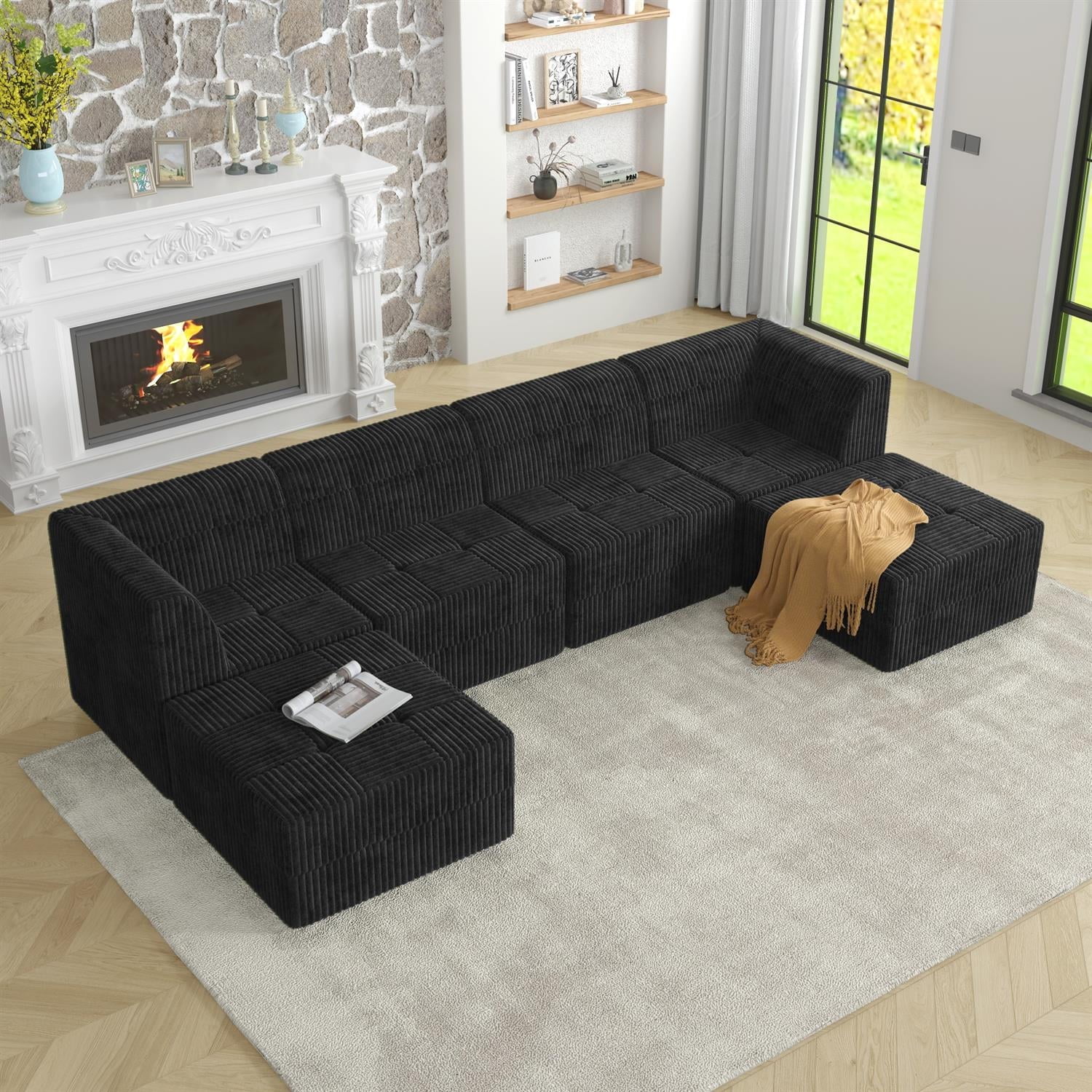 Demi Bonn 130" U-Shaped Modular Sectional Sofa, Modern Minimalist Style DIY Compressed Corduroy Couch for Living Room & Bedroom, Black