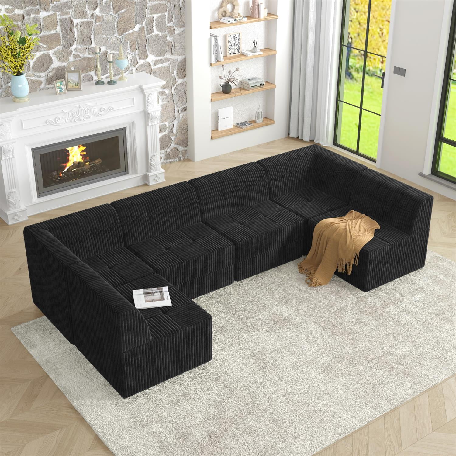 Demi Bonn 130" U-Shaped Modular Sectional Sofa, Modern Minimalist Style DIY Compressed Corduroy Couch for Living Room & Bedroom, Black