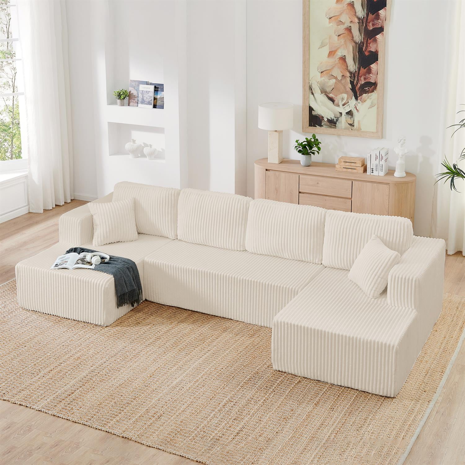 Demi Bonn 132" U-Shaped Modular Sectional Sofa, Modern Corduroy Couch for Living Room & Bedroom, Minimalist Comfy Sleeper Sofa, Beige