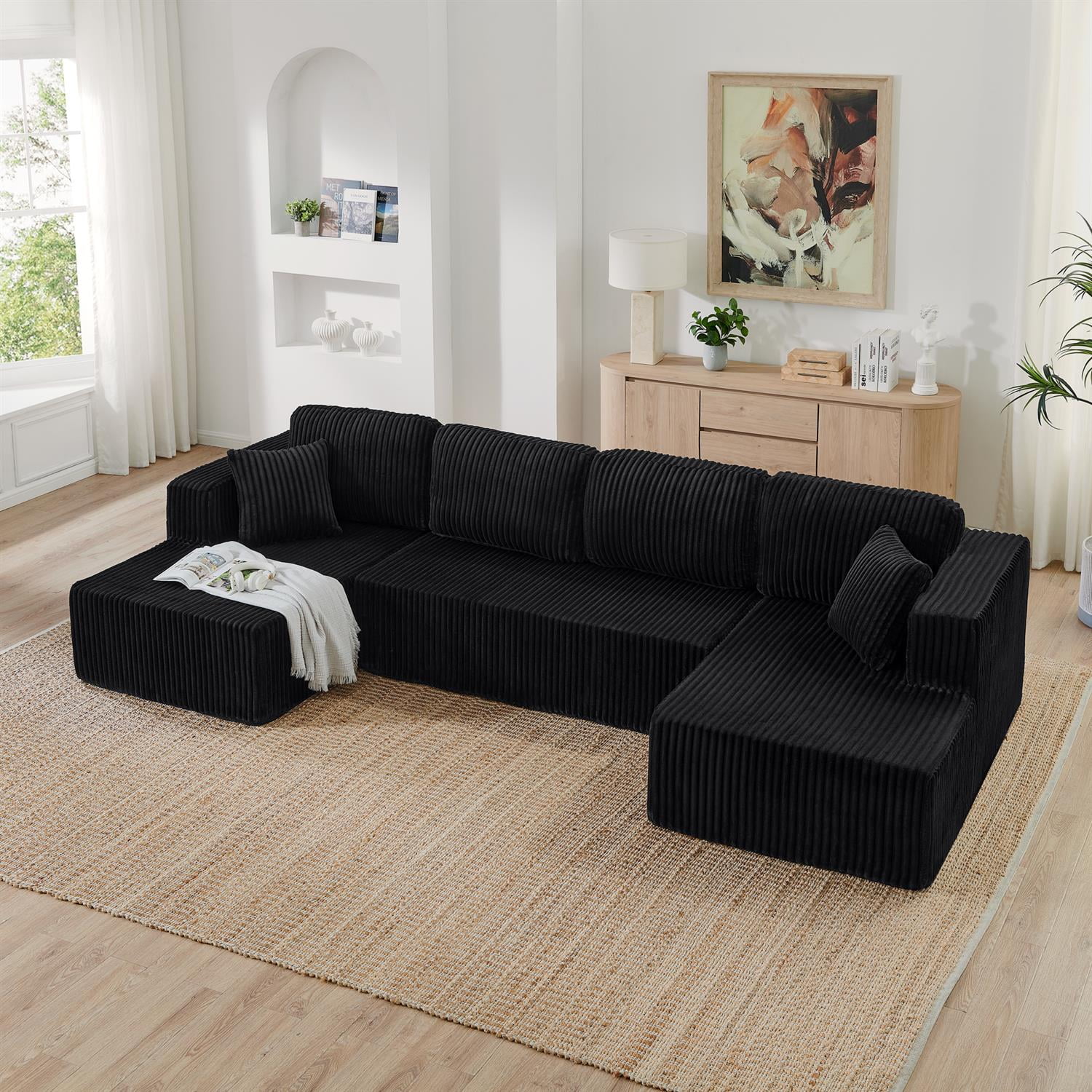 Demi Bonn 132" U-Shaped Modular Sectional Sofa, Modern Corduroy Couch for Living Room & Bedroom, Minimalist Comfy Sleeper Sofa, Black