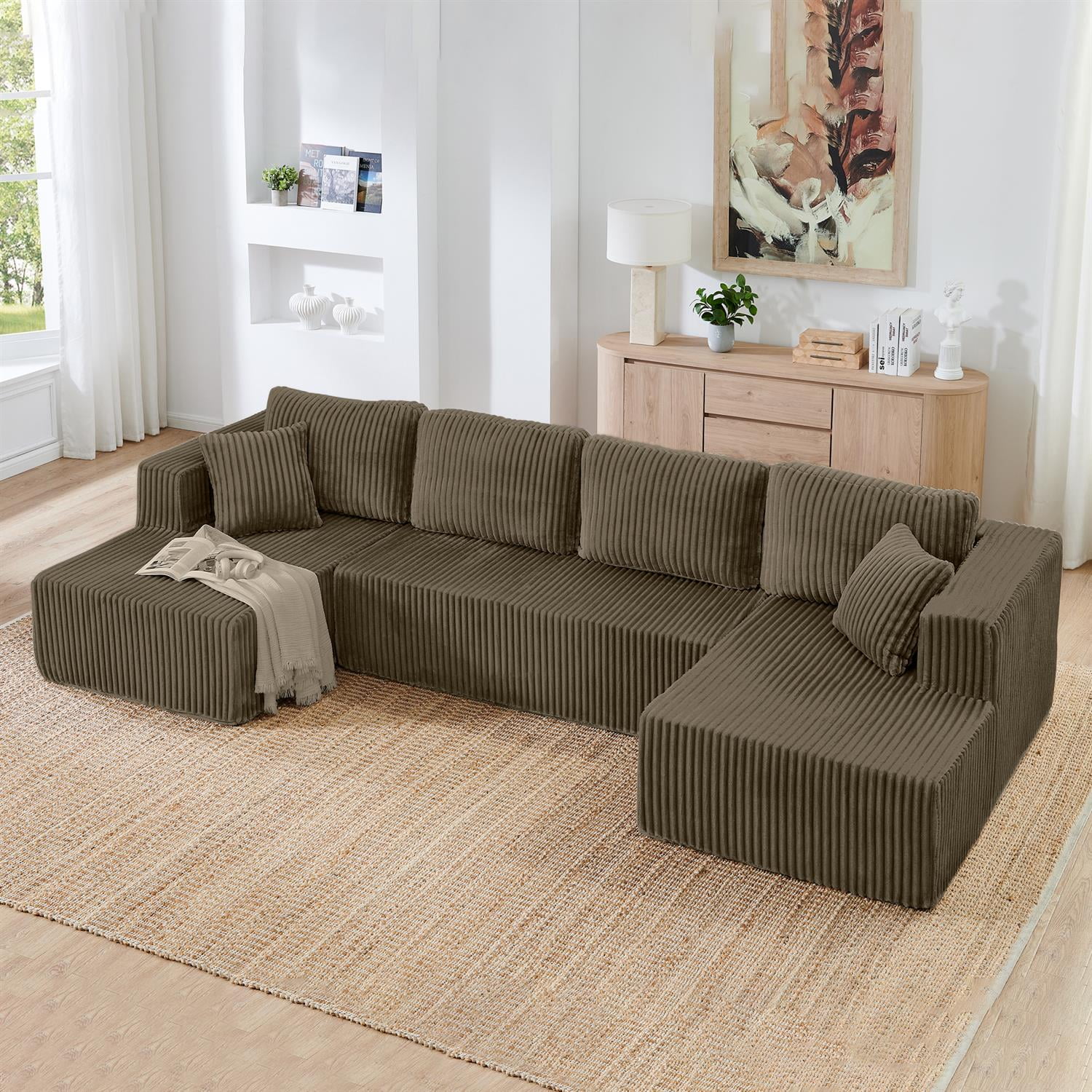 Demi Bonn 132" U-Shaped Modular Sectional Sofa, Modern Corduroy Couch for Living Room & Bedroom, Minimalist Comfy Sleeper Sofa, Brown