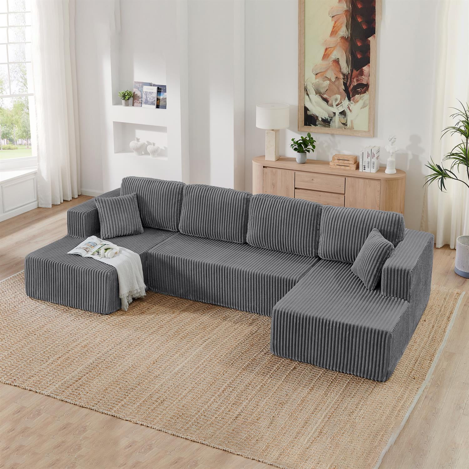 Demi Bonn 132" U-Shaped Modular Sectional Sofa, Modern Corduroy Couch for Living Room & Bedroom, Minimalist Comfy Sleeper Sofa, Gray