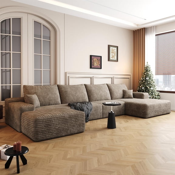 Demi Bonn 135" Cloud Sectional Sofa with Ottoman, Right Facing Chaise, Modern Minimalist U-Shaped Deep Seat Corner Couch, No Assembly Required, Beige