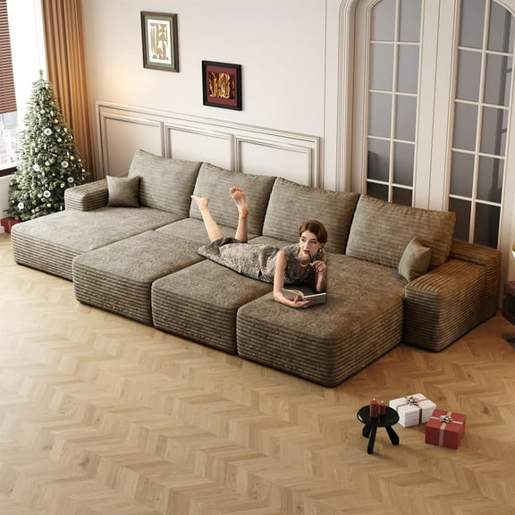 Demi Bonn 135" Spacious Modular Cloud Sofa, Plush Corduroy Fabric, 6 Seats Convertible Sofa Bed for Living Room & Apartment, Down-Filled, No Assembly, Left Chaise Beige