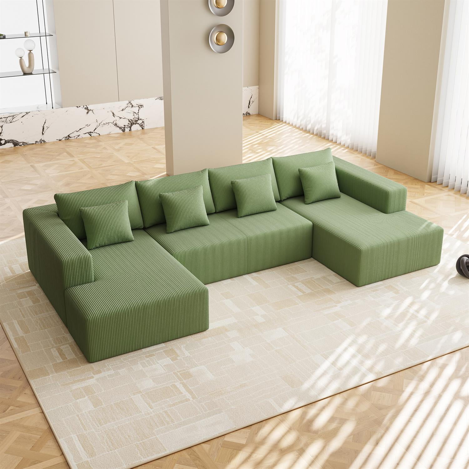 Demi Bonn 137" Reversible Corduroy U-Shaped Sectional Sofa for Living Rooms, Modern Couch with Plush Cushions for Family Gatherings & Relaxation, Green