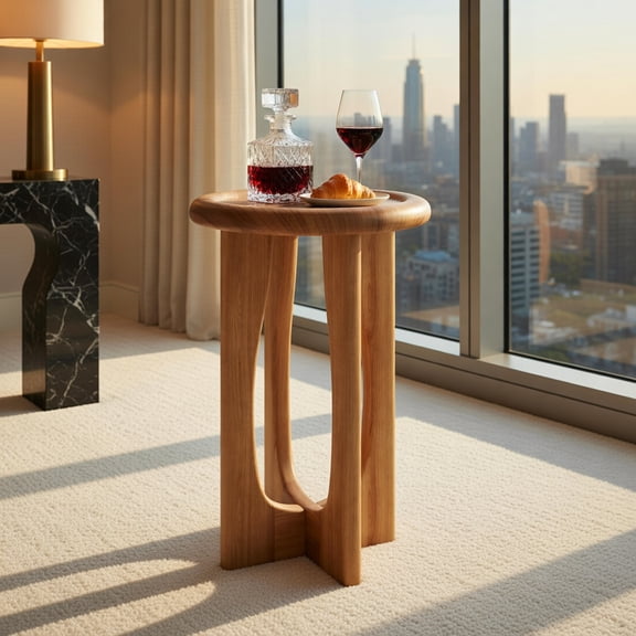Demi Bonn 14 Inch Farmhouse End Table with Round Tray Top & Wood Cross Legs, Rustic Solid Wood Side Table for Living Room Bedroom Porch, Natural