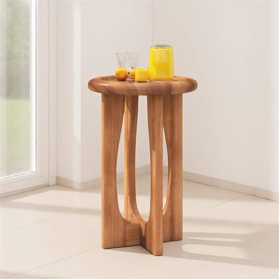 Demi Bonn 14 Inch Farmhouse End Table with Round Tray Top & Wood Cross Legs, Rustic Solid Wood Side Table for Living Room Bedroom Porch, Natural