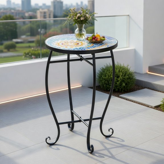 Demi Bonn 14 Inch Round Blue Hawaii Mosaic Accent Table Weatherproof Indoor Outdoor Side Table Colorful Glass Tile Rust Proof Steel Frame, Blue