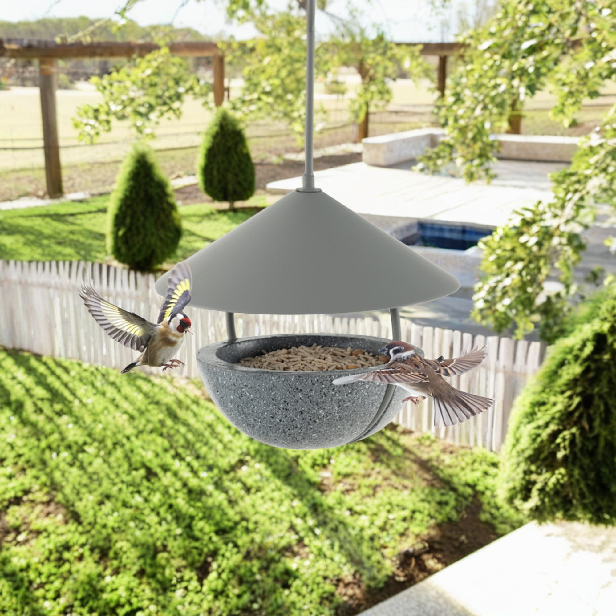 Kadyn 14" Metal Hanging Bird Feeder and Bath with Weatherproof Dome, Wild Bird Feeder for Outdoors, Gray