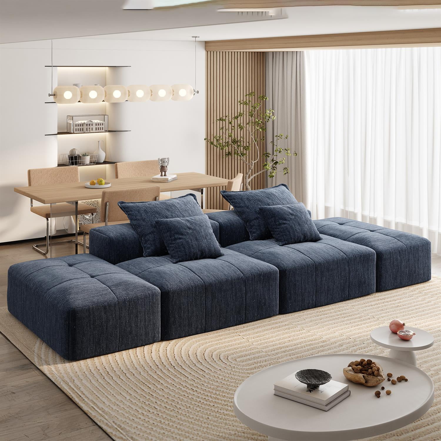 Demi Bonn 141" Modular Oversized Sectional Sofa Set with 2 Ottomans, 2-Seater, 4 Soft Pillows, Modern DIY Tufted Couch, No Assembly Required, for Living Room, Blue