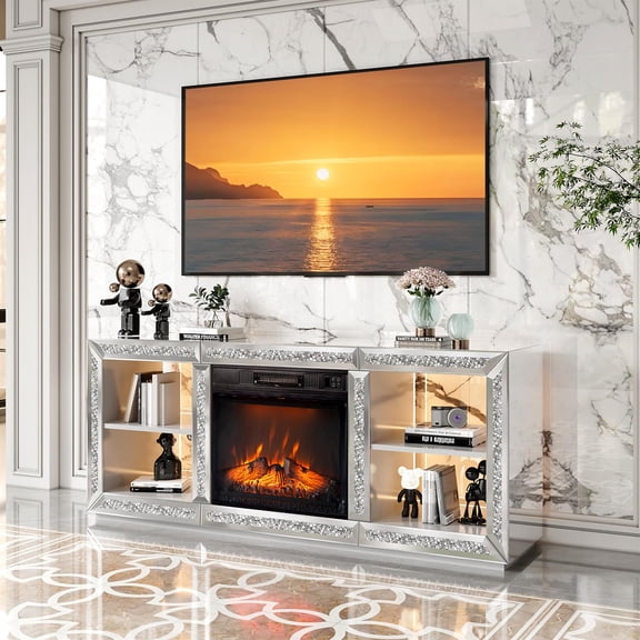 Demi Bonn 143 x 35 x 62 cm Silver Mirror Modern Fireplace TV Stand, 18 Inch Insert Storage Shelves MDF Media Console for Living Room