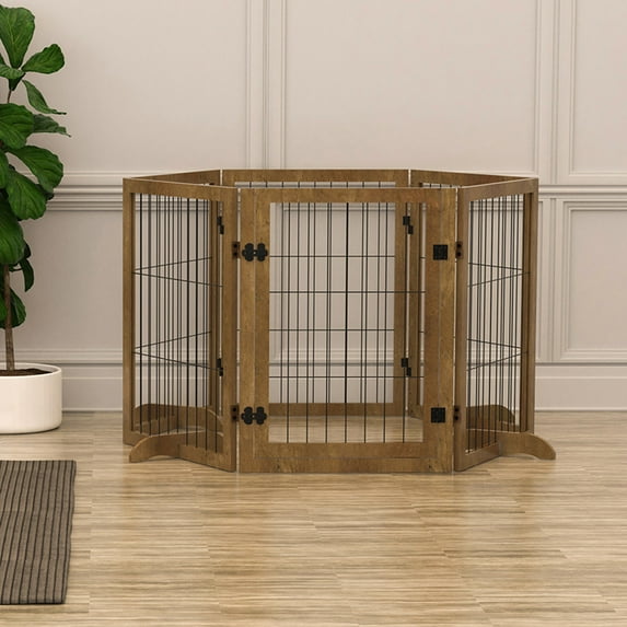 Demi Bonn 144" Wide Dog Gate with Door Walk Through, 32" Tall Freestanding Wire Pet Gate for The House, Doorway, Stairs, Pet Puppy Safety Fence, Support Feet Included, Brown