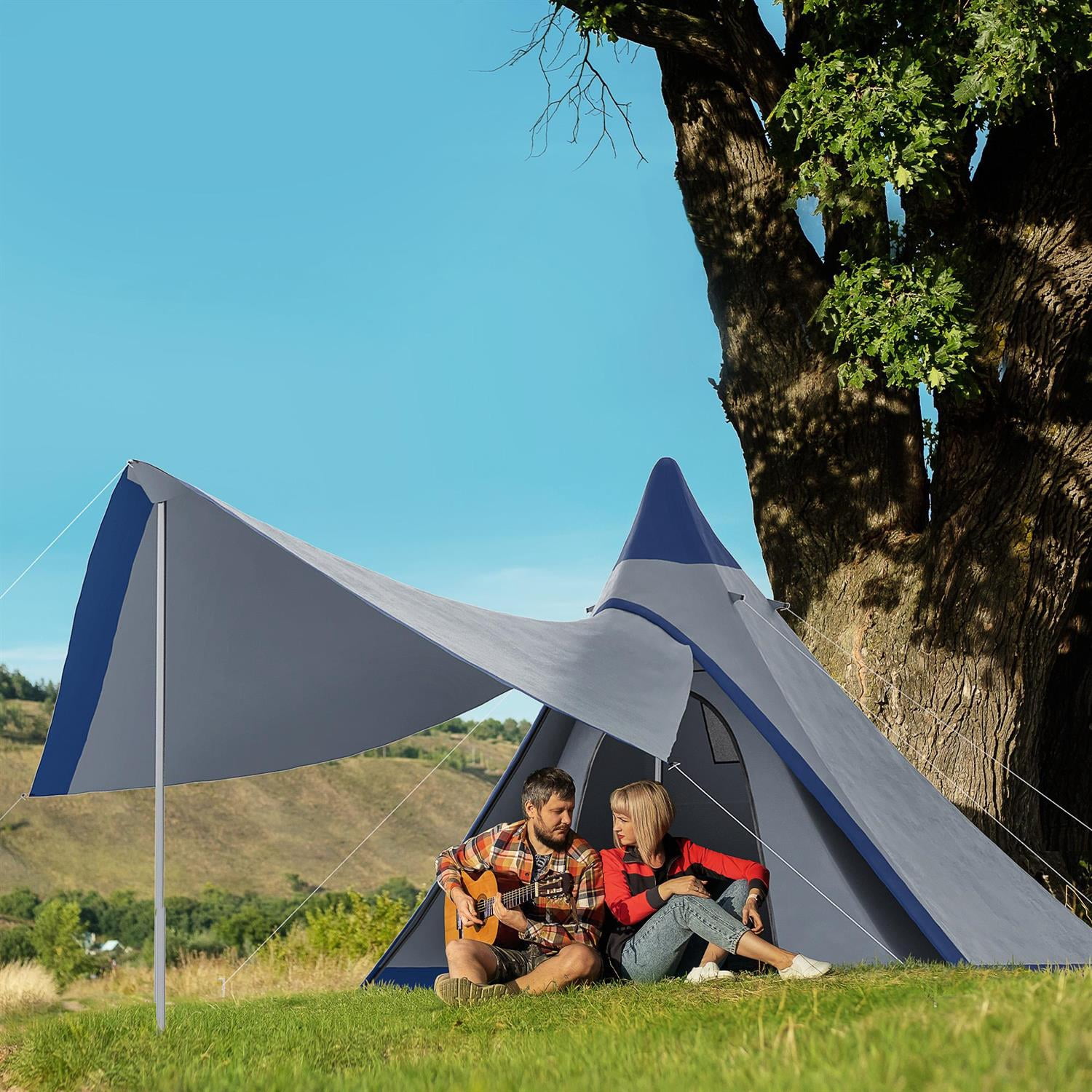 Demi Bonn 15.4'x15.4'x8.5' 2-3 Person Waterproof Teepee Camping Tent, with Porch Area, Floor & Carry Bag for Outdoor Activities, Blue