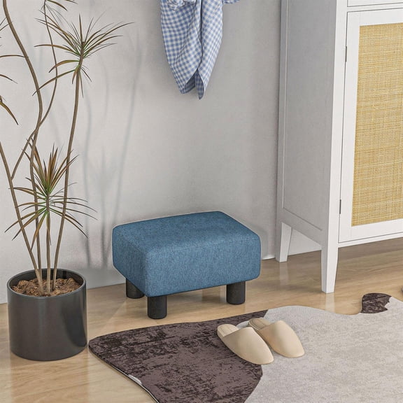 Demi Bonn 15" Compact Ottoman Footrest, Linen Fabric & Plastic Legs Stool, Living Room Cube Footstool, Blue