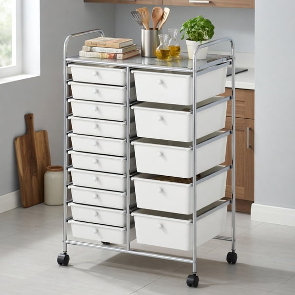 Demi Bonn 15-Drawer Rolling Storage Cart, Chrome-Plated Metal Frame, Top Shelf, Lockable Wheels, Round Knobs, White