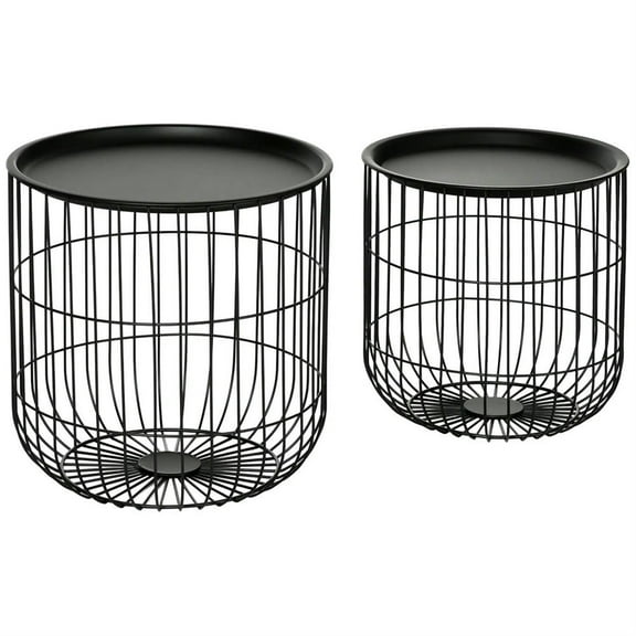 Demi Bonn 15" Nesting Coffee Tables with Steel Wire Basket & Removable Top, Living Room Home Decor for Patio and Garden, Black