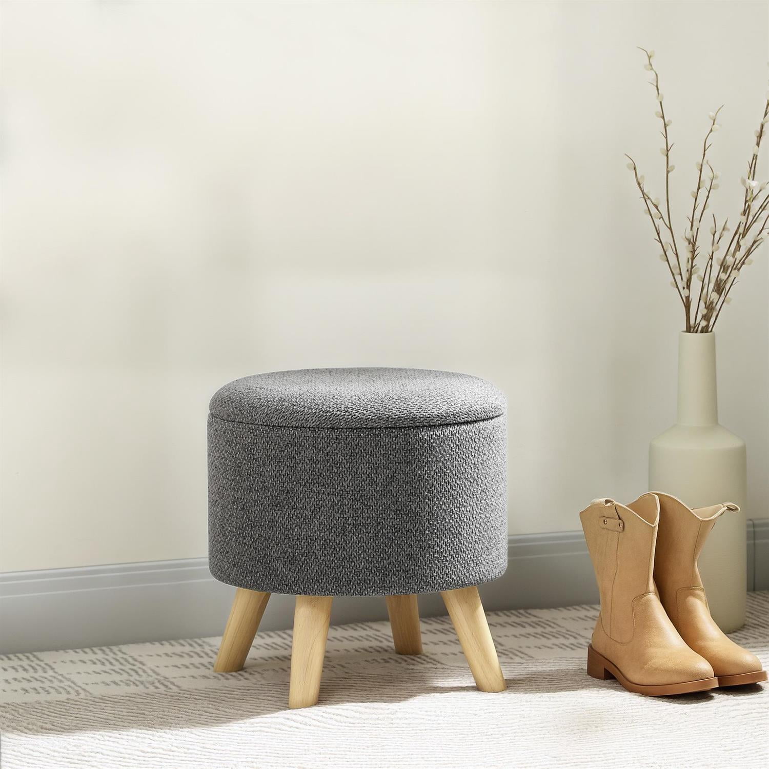 Demi Bonn 15" Round Ottoman Stool with Storage, Linen Upholstered Foot Stool with Padded Seat, Hidden Space and Wood Legs for Living Room, Bedroom, Gray