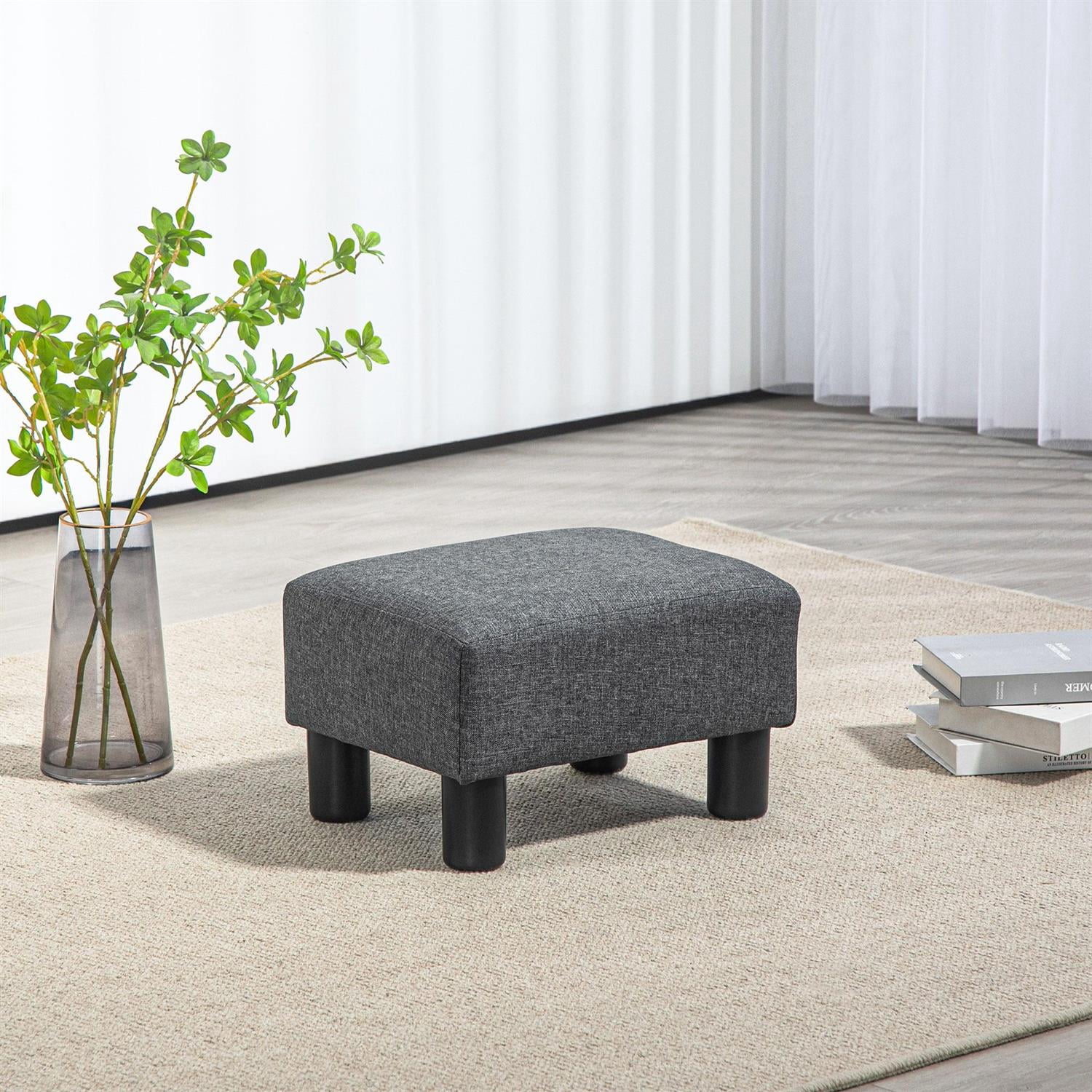 Demi Bonn 15" Small Ottoman Foot Rest, Foot Stool with Linen Fabric Upholstery and Plastic Legs, Cube Ottoman for Living Room, Bedroom, Gray