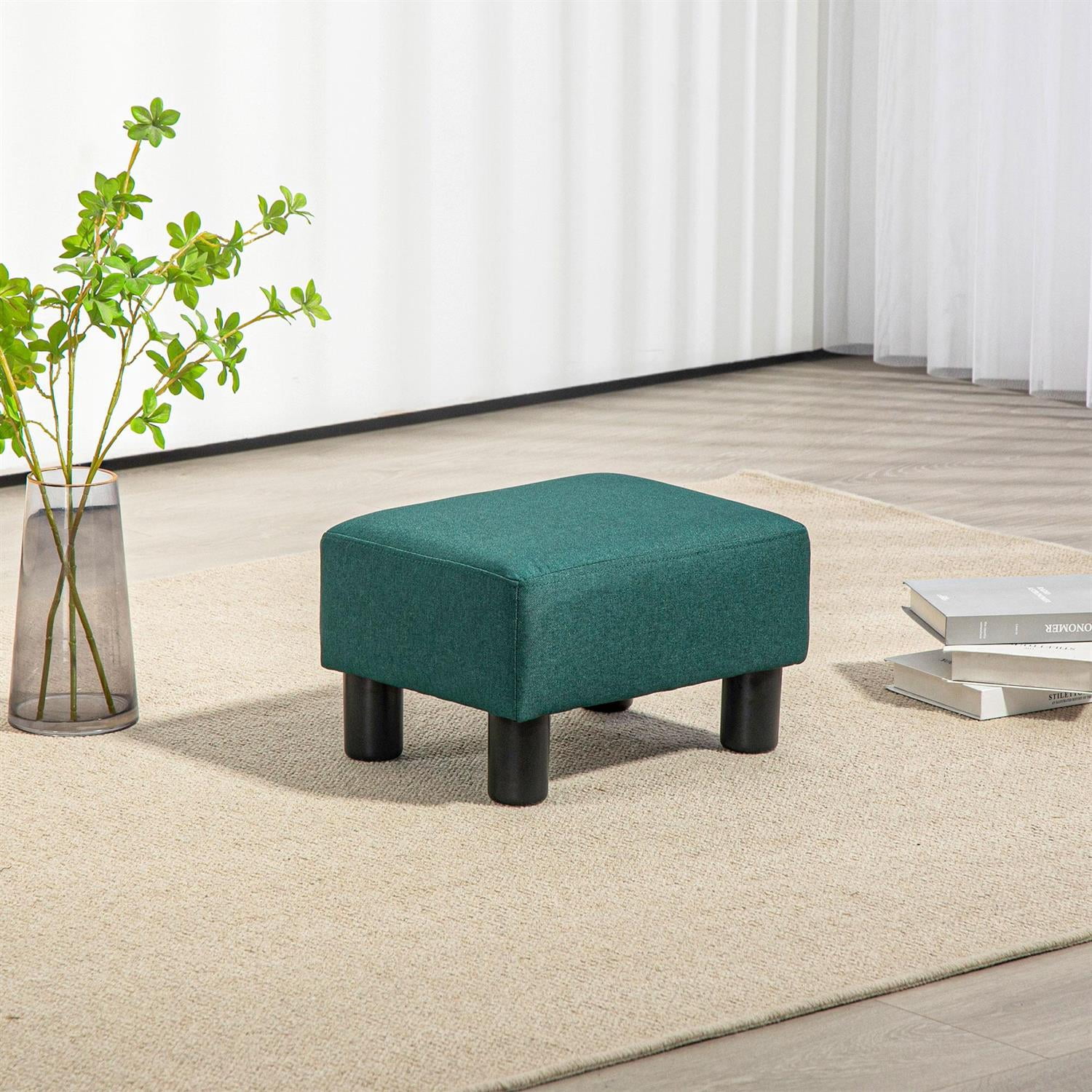 Demi Bonn 15" Small Ottoman Foot Rest, Foot Stool with Linen Fabric Upholstery and Plastic Legs, Cube Ottoman for Living Room, Bedroom, Green