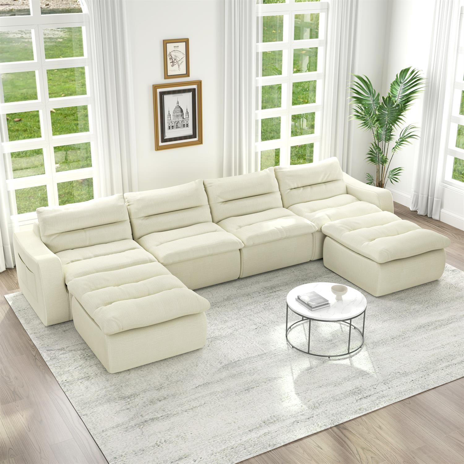 Demi Bonn 150" Modern L-Shaped Modular Sofa, Comfortable Beanbag Style, Stylish Lazy Couch for Living Rooms and Relaxation, Beige