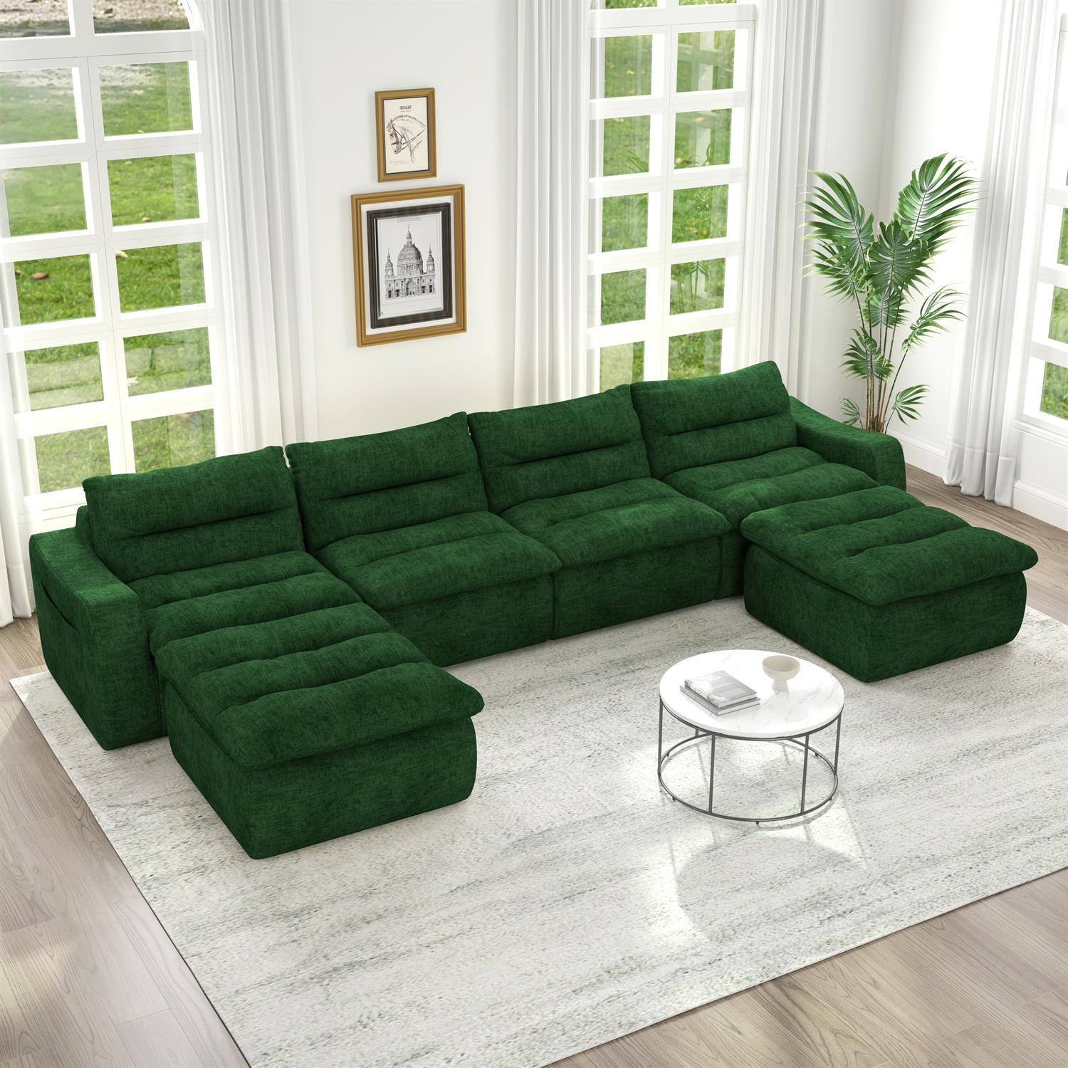 Demi Bonn 150" Modern L-Shaped Modular Sofa, Comfortable Beanbag Style, Stylish Lazy Couch for Living Rooms and Relaxation, Green